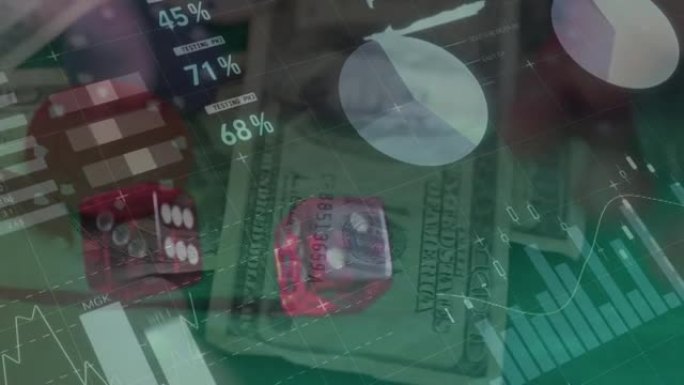 两个骰子，赌博筹码和美国美元钞票上的金融数据处理动画