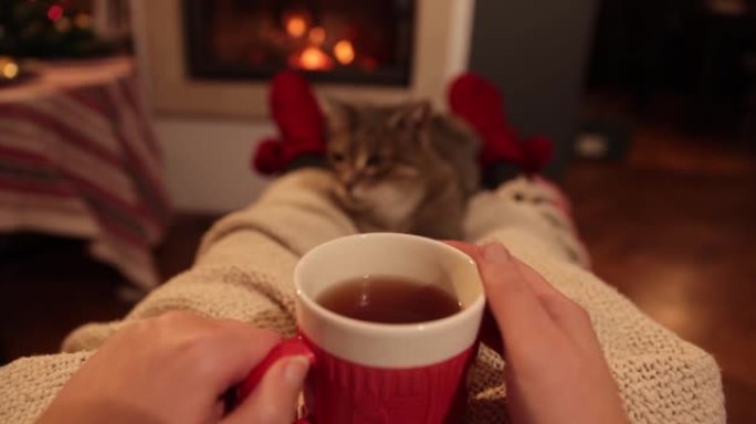 肩膀上的年轻女子在壁炉旁放松，穿着红色圣诞羊毛袜子的t恤和猫，背景是4k慢动作拍摄的装饰圣诞树。