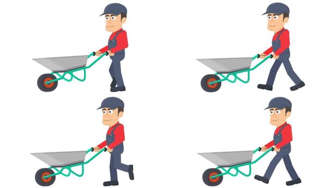 园丁。一名员工用花园独轮车的动画。卡通