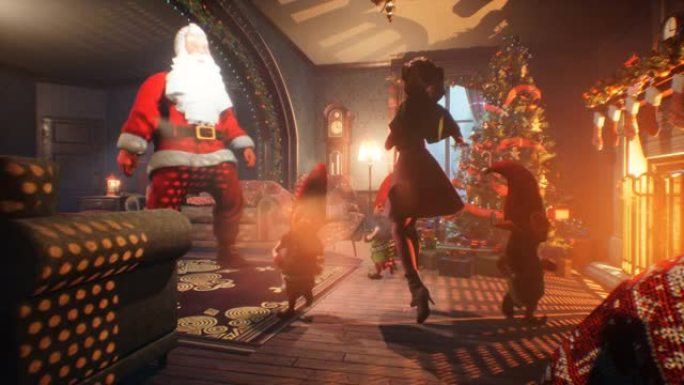 圣诞老人，雪少女和欢快的精灵跳舞庆祝圣诞节。圣诞气氛的概念。循环动画非常适合圣诞节和除夕背景。