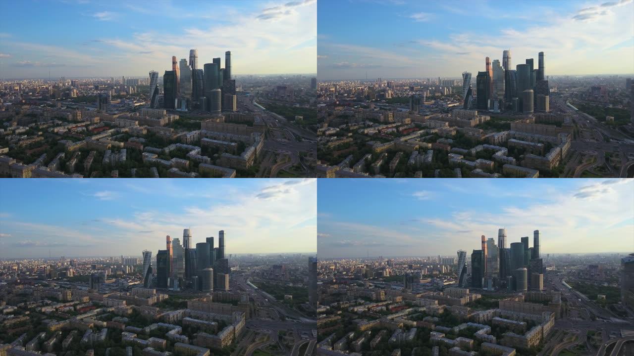 俄罗斯阳光明媚的夜晚现代莫斯科市空中全景4k