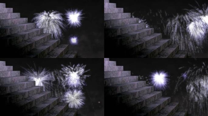 白色圣诞节和新年烟花在夜空中爆炸的台阶动画