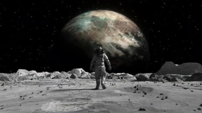 穿着太空服的勇敢宇航员自信地在月球上走向被岩石覆盖的太空星球。月球表面的第一位宇航员。人类的重要时刻