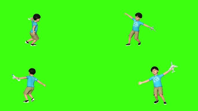 男孩跑步玩飞机，动画，绿屏