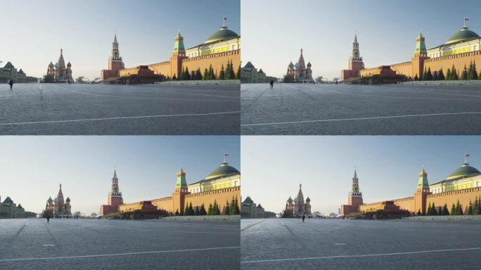 在莫斯科红场散步。俄罗斯圣巴西尔大教堂，Spasskaya塔和陵墓