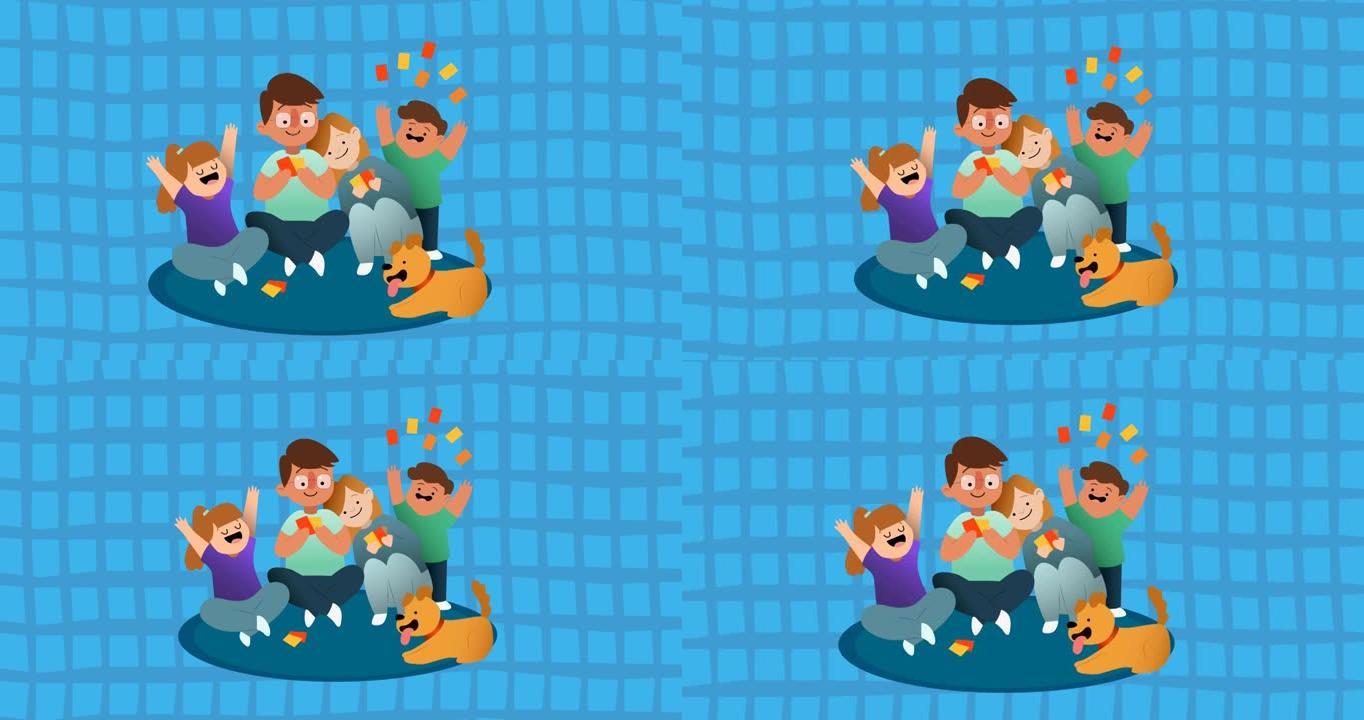 蓝色上的快乐父母与儿子，女儿和狗的纸牌游戏插图动画