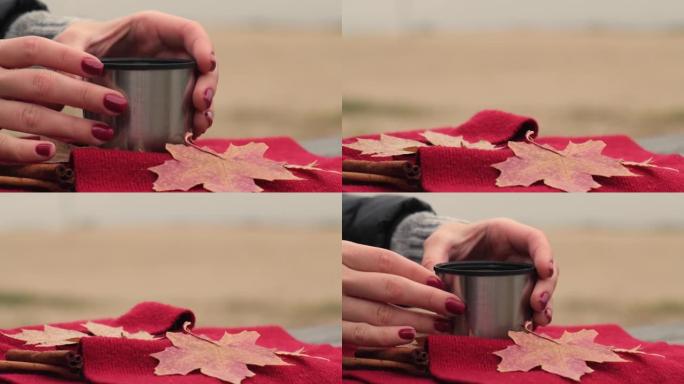 女人在秋季公园户外喝热杯热茶。红领巾秋季野餐保温瓶