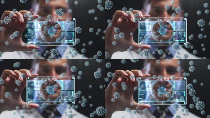 男性医生手持屏幕上的covid细胞与医疗数据处理的动画