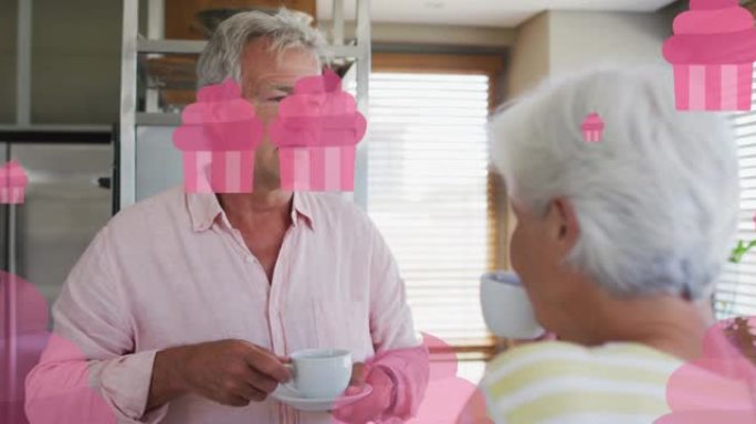 快乐的高加索高级夫妇聊天喝茶的粉红色仙女蛋糕动画