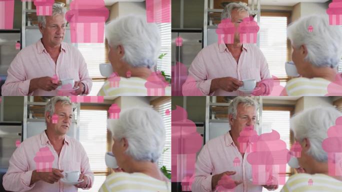 快乐的高加索高级夫妇聊天喝茶的粉红色仙女蛋糕动画