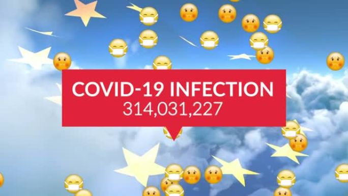 covid 19感染文本的动画，欧盟国旗上的数字和表情符号不断上升，天空多云