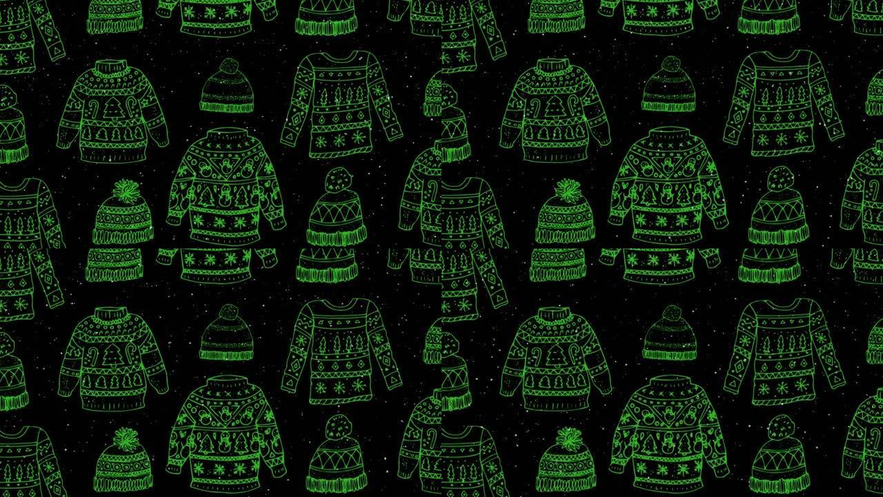 背景中的雪落在圣诞节绿色帽子和跳线图案上的动画