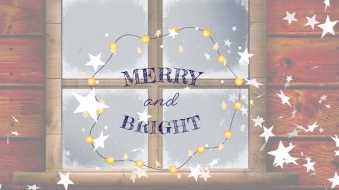 圣诞节时，星星，童话般的灯光和窗户上的快乐和明亮的文字动画
