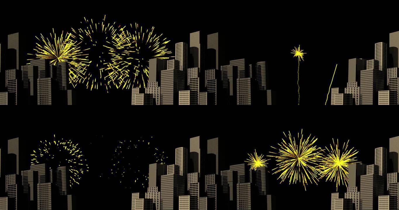 城市景观夜空中的黄色圣诞节和新年烟花动画