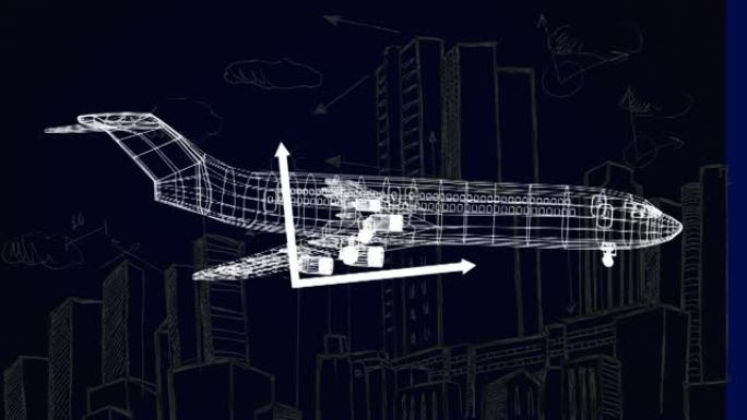 黑色背景上3d飞机模型旋转的统计处理动画