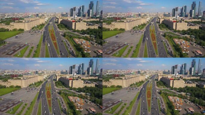 俄罗斯阳光明媚的现代莫斯科市著名的库图佐夫斯基交通大道空中全景4k