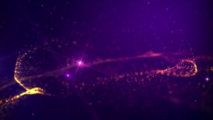 抽象鼓舞人心的空间运动视图紫色橙色闪耀模糊焦点波浪状点缀场闪光尘埃和星星粒子