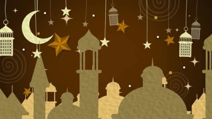 清真寺屋顶上的月亮，星星和灯笼的动画