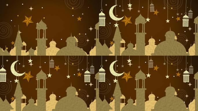 清真寺屋顶上的月亮，星星和灯笼的动画