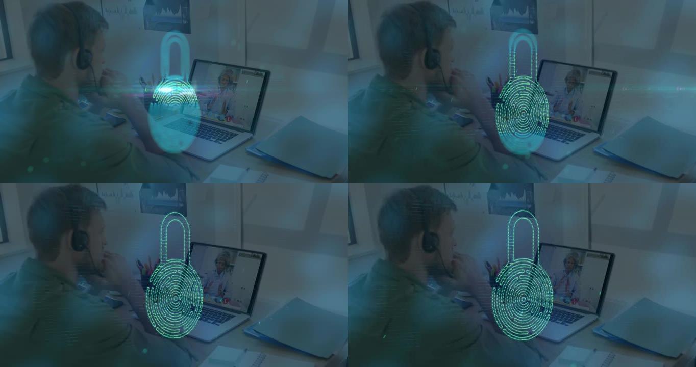 使用电话耳机和笔记本电脑在高加索人上进行生物识别指纹的动画
