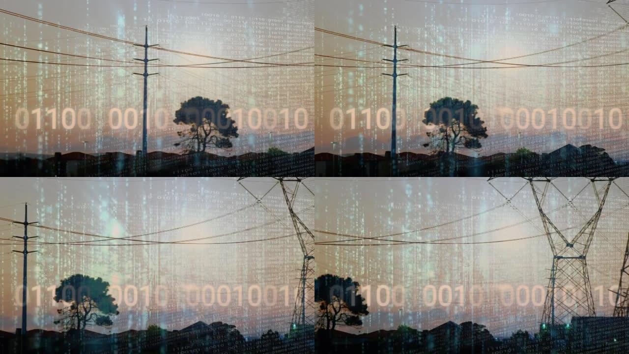 用电塔在景观上进行二进制编码的动画
