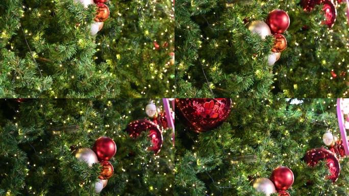 带有红色球装饰和闪闪发光照明的圣诞枞树