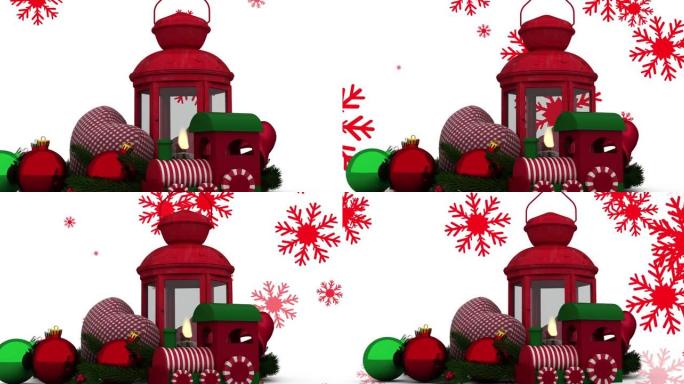圣诞装饰品的动画，小玩意和灯笼落在白色背景上的雪上
