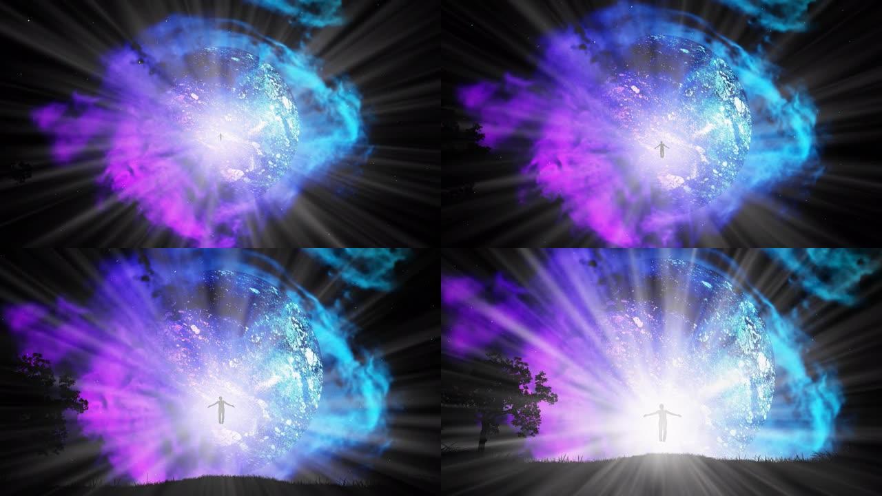 4k延时动画，一个人的剪影在星云中一颗行星发出的明亮光线中飞行，降落到地面。