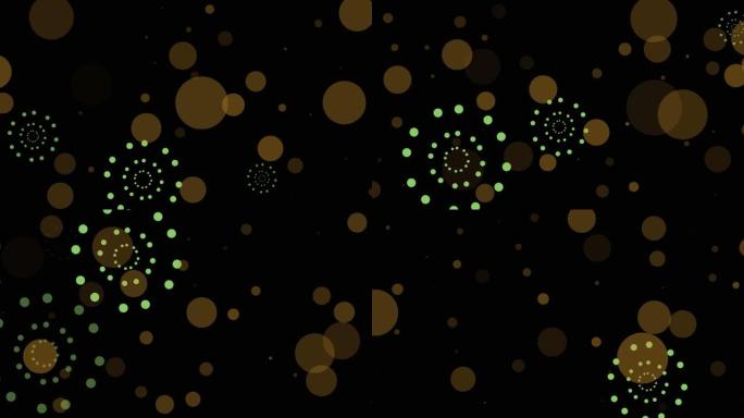 黑色背景上绿色烟花爆炸和bokeh橙色光斑的动画