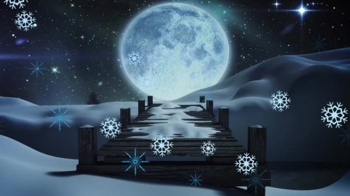 白色圣诞雪花在夜晚飘落的动画与满月和雪覆盖的桥