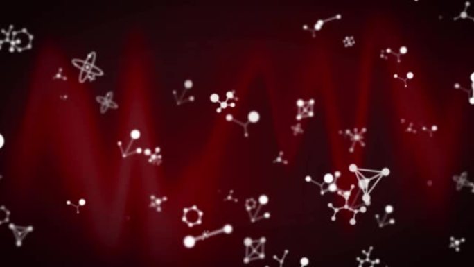 白色分子结构漂浮在深红色背景上的动画