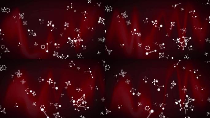 白色分子结构漂浮在深红色背景上的动画