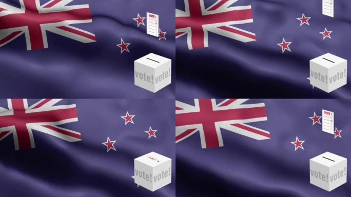 选票飞到盒子为新西兰选择-票箱在国旗前-选举-投票-新西兰国旗-新西兰国旗高细节-国旗新西兰波浪图案
