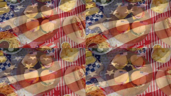 动画的美国国旗移动的节日小吃，热狗和汉堡