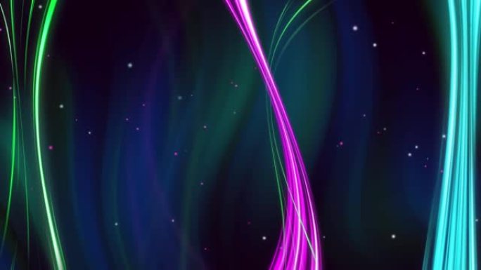 粉红色，绿色和蓝色霓虹灯线在深绿色和蓝色漩涡背景上移动的动画