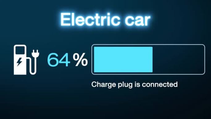 电动汽车仪表板显示。电动汽车充电指示充电进度，电动汽车电池指示器显示电池电量增加