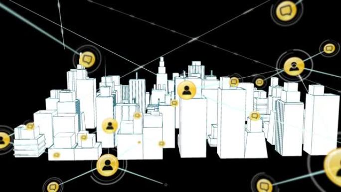背景下城市三维建筑图图标连接网络动画
