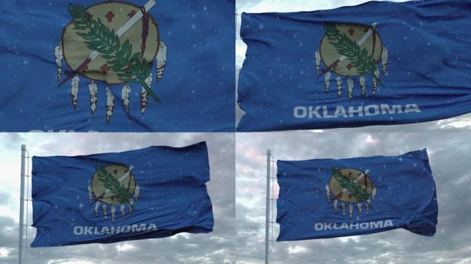 以雪花为背景的俄克拉荷马州冬季旗帜。美利坚合众国