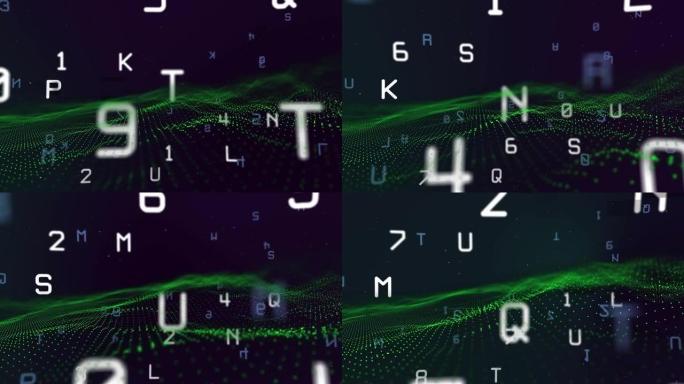 蓝色和白色数字和字母在移动的绿色数字景观上的动画