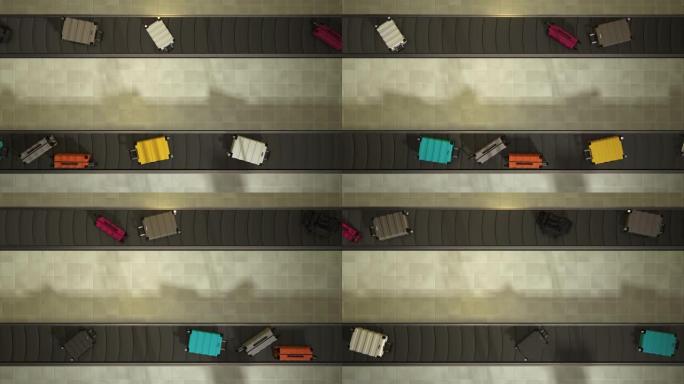 行李在机场传送带上移动高架视图可循环。逼真的3d动画。不同颜色的手提箱。轻型地板。水平