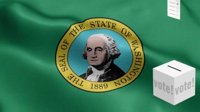 华盛顿州-选票飞到盒子为华盛顿选择-投票箱在国旗前-选举-投票-国旗华盛顿州波浪图案循环元素-织物纹