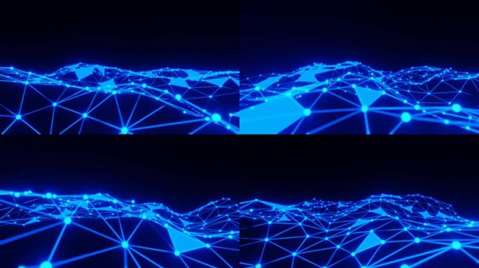 数字波浪背景。3D Plexus技术网络连接无缝循环，隔离在黑色背景上，复制空间