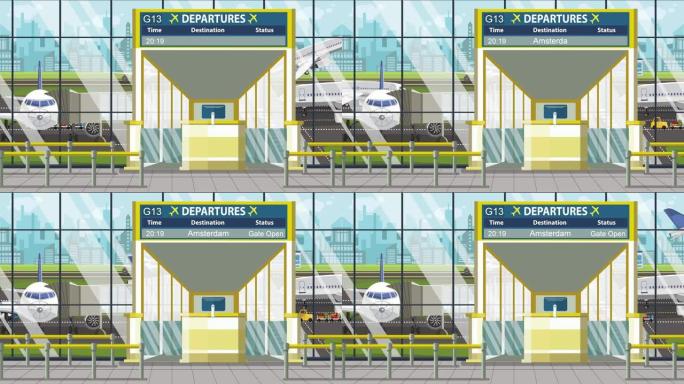 机场起飞板飞往阿姆斯特丹的航班。荷兰之旅可循环卡通动画