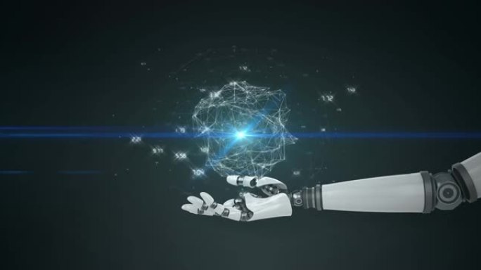 机器人手臂手处理数据网络动画，黑底蓝光
