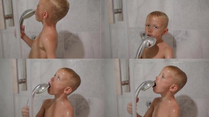 一个开朗的小男孩在浴室里的淋浴下唱歌。