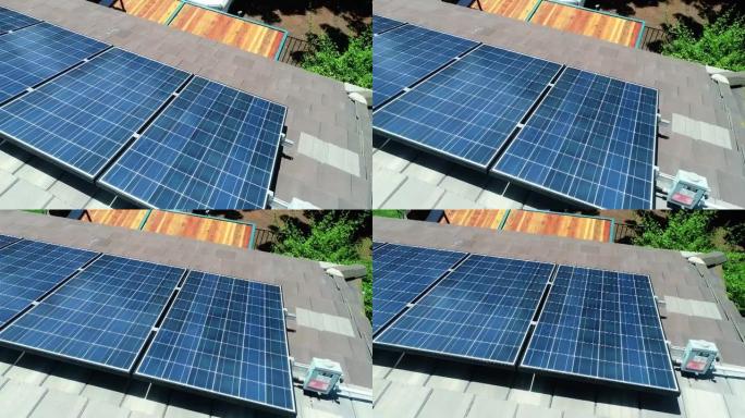 晴天屋顶上的太阳能电池板模块。股票视频