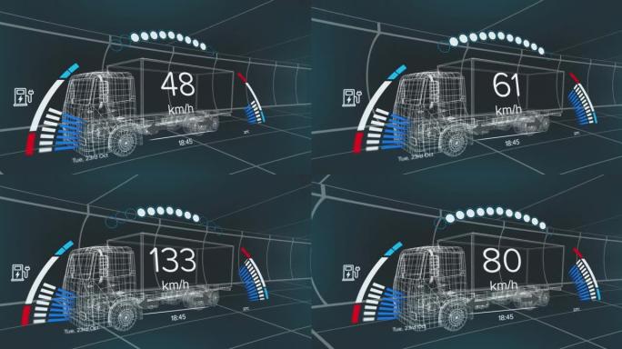 车辆接口上的速度计，gps和充电状态数据的动画，通过3d卡车模型
