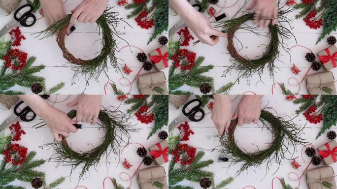 教程: 如何在蓝莓树枝的家中轻松制作圣诞花环。逐步视频说明。DIY艺术项目。