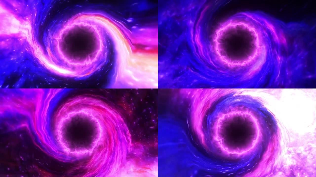 抽象4K 3D CGI紫色辉光黑洞与空间中的星云气体云。循环太空飞行，走向神秘的黑洞或虫洞扭曲动画，