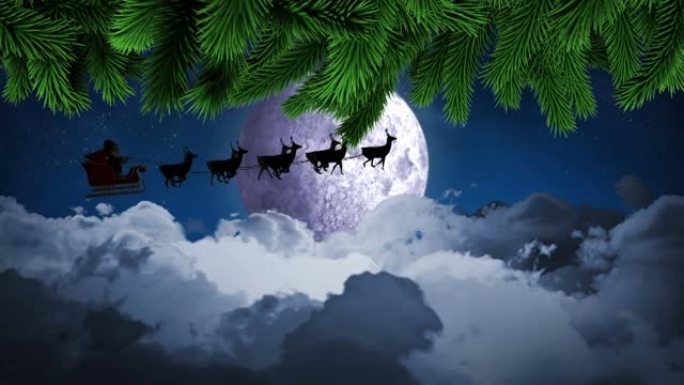 绿树树枝在雪橇上对着圣诞老人，被驯鹿拉向夜空